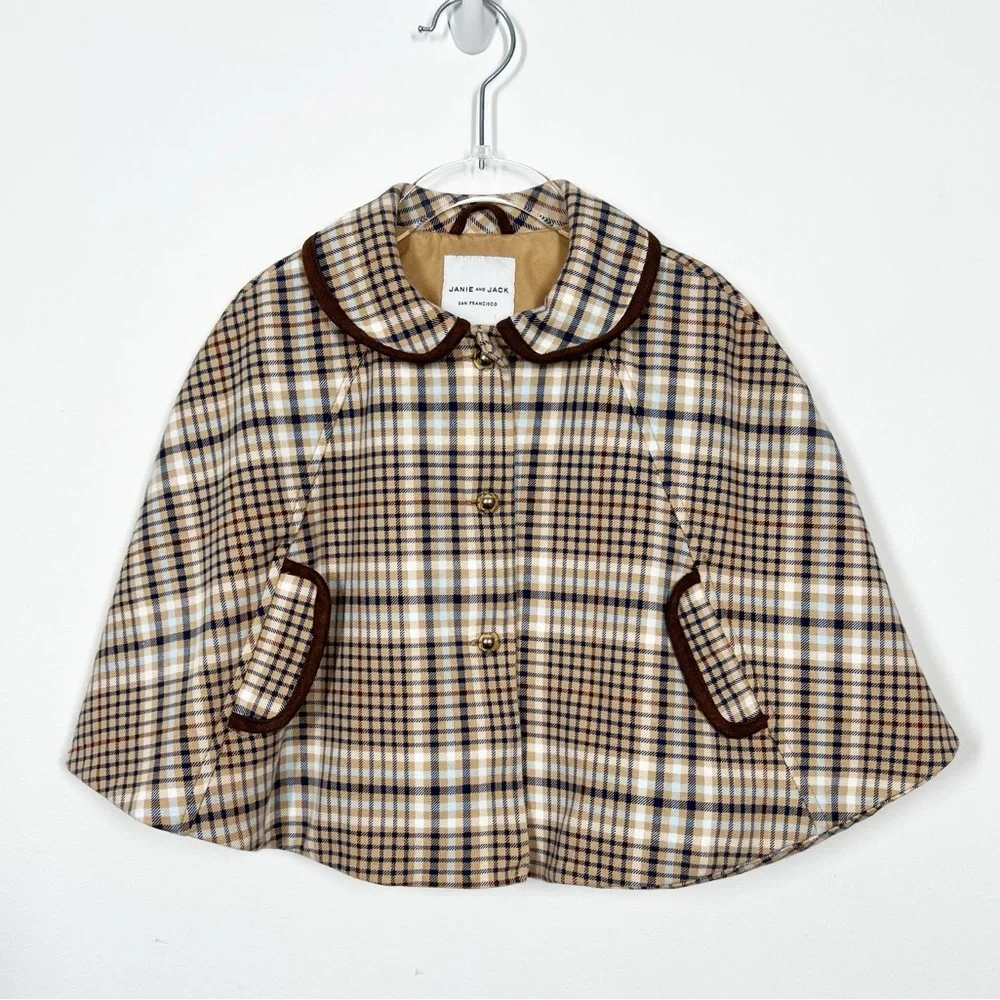 Janie and Jack Girls Size 2T Tan Plaid Cape Brown Velvet Trim Gold Buttons